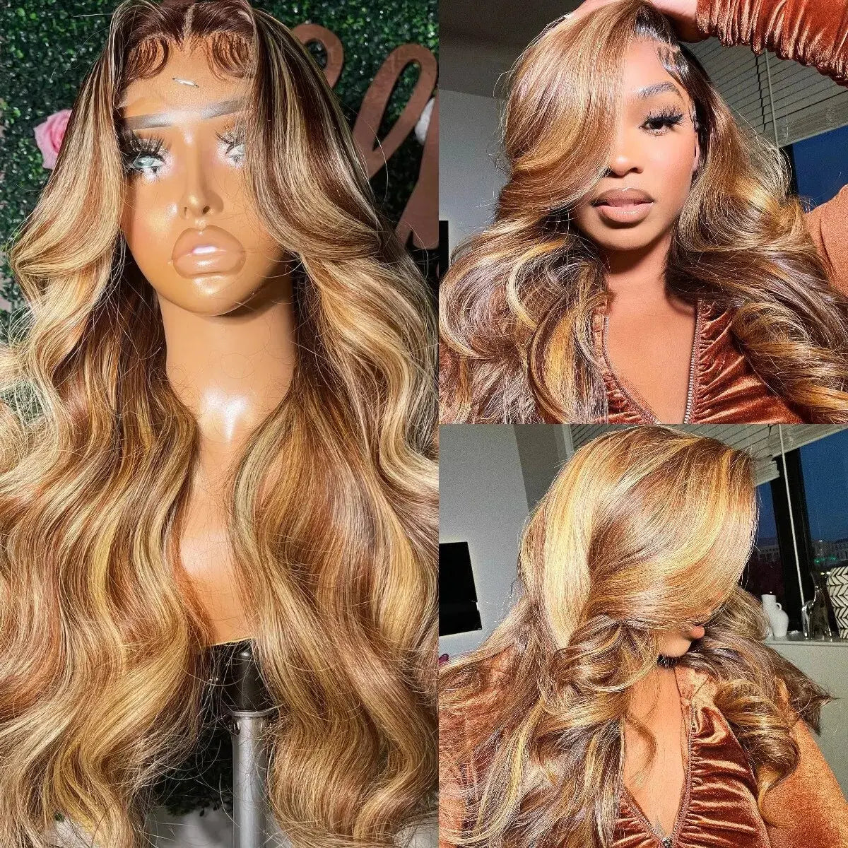 Honey blonde deep wave lace front wig displayed on mannequin and model showcasing various styles and angles.