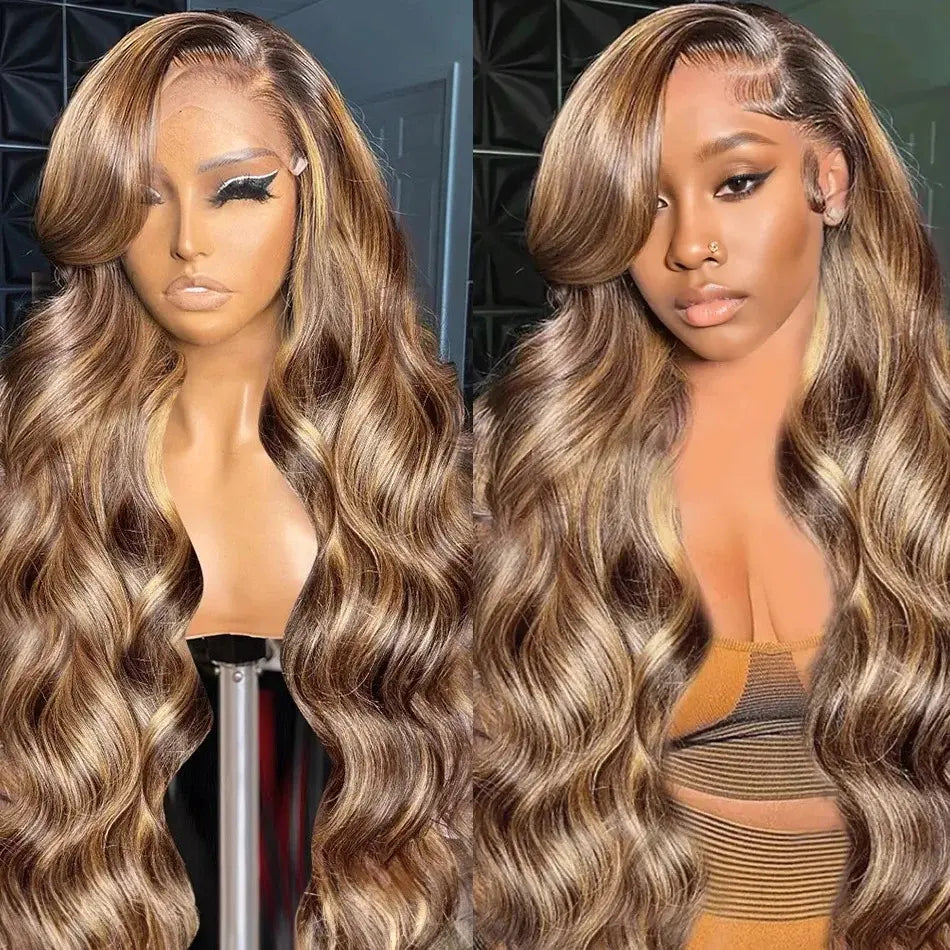 Honey blonde deep wave lace front wig displayed on mannequin and worn by model, showcasing 13x6 glueless human hair style.