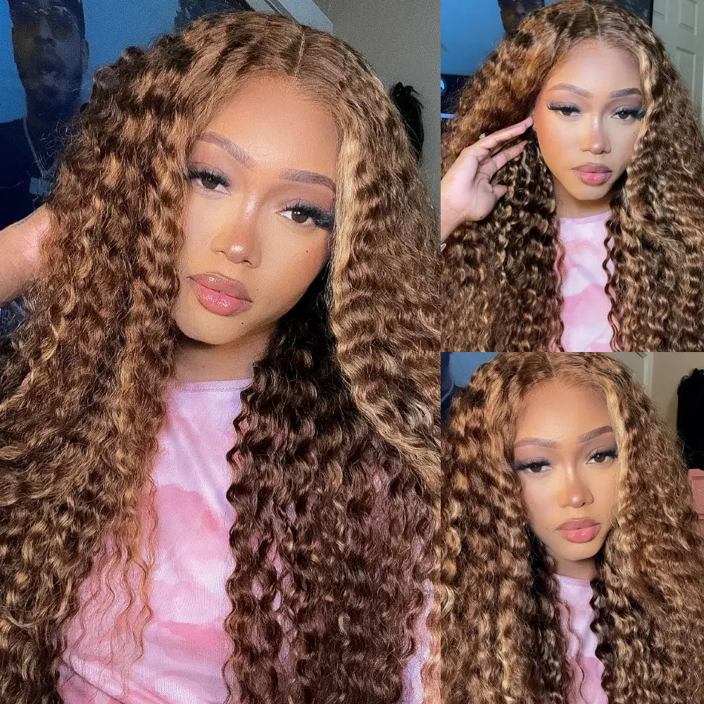 Honey blonde deep wave lace front wig displayed on a model with a soft, bouncy texture in varied poses.