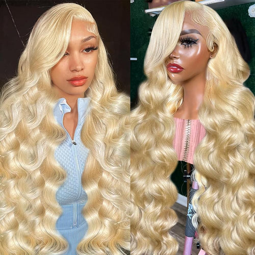 13x6 blonde lace front wig worn by model with body waves