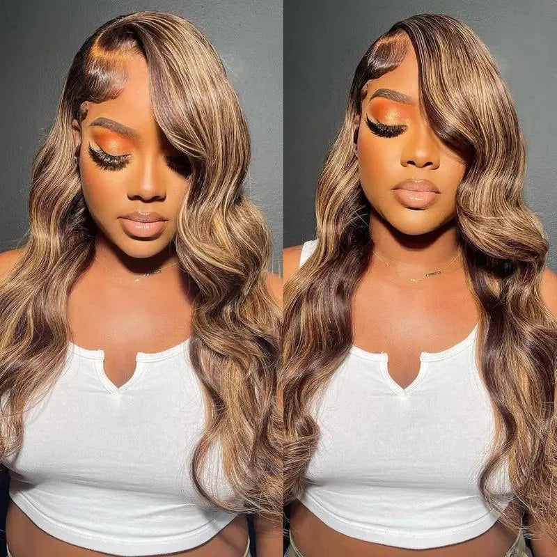Honey blonde deep wave lace front wig styled on model, showcasing vibrant waves and rich colors.