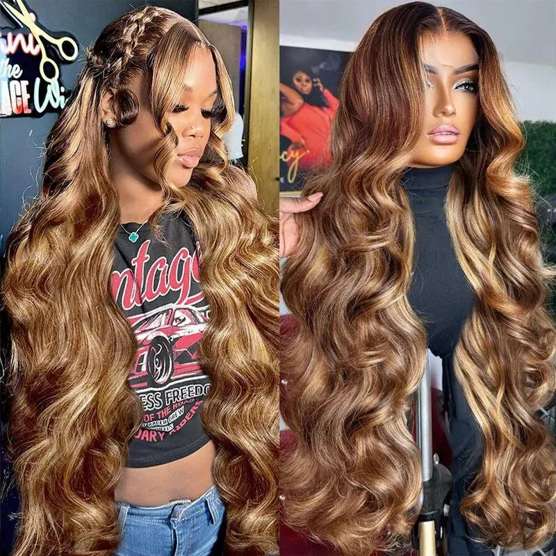 Honey blonde deep wave lace front wig showcased on two models with long, bouncy curls and rich color.