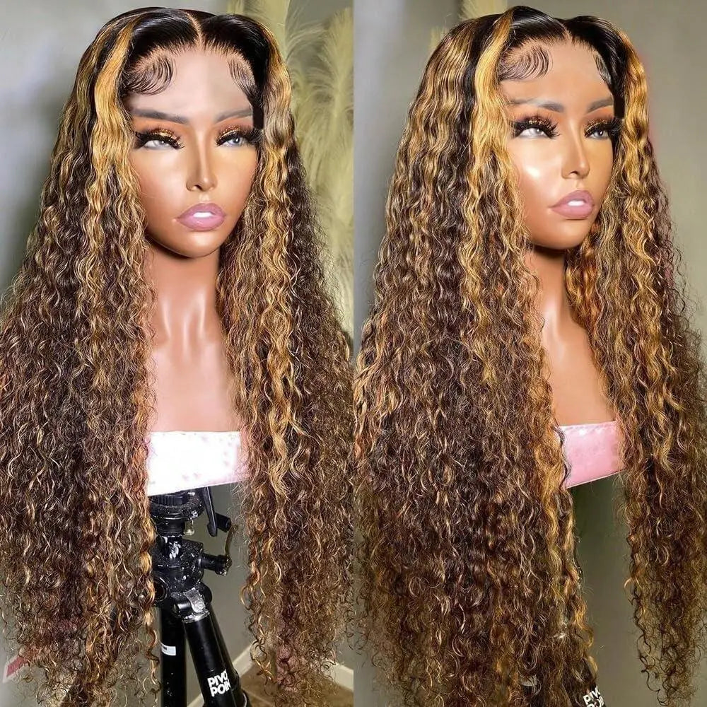 Honey blonde deep wave lace front wig showcasing long, bouncy curls and a natural hairline on a mannequin.