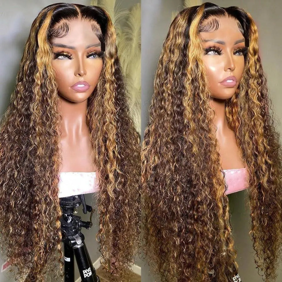 Honey blonde deep wave lace front wig showcasing long, bouncy curls and a natural hairline on a mannequin.