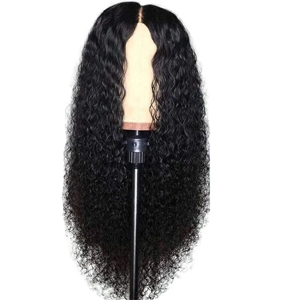 black long wavy lace front wig displayed from front view