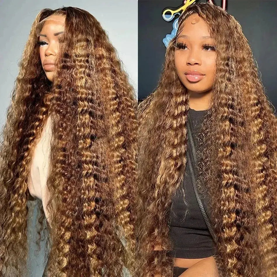 Honey blonde deep wave lace front wig showcased on model with long, soft curls, exuding natural beauty and style.