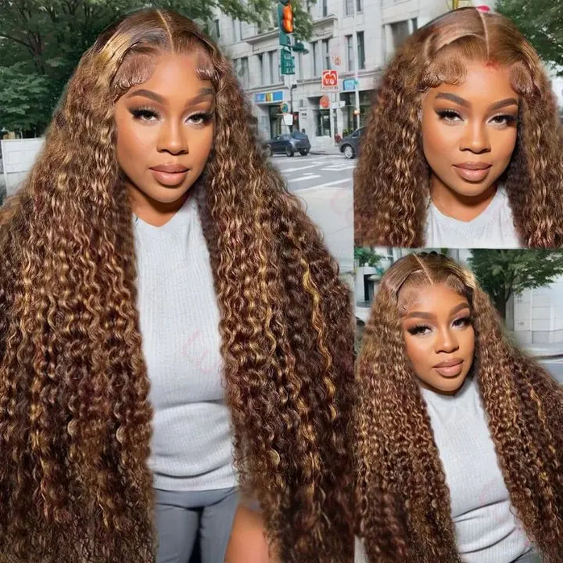 Honey Blonde Deep Wave Lace Front Wig – 13x6 Glueless Human Hair worn by a model outdoors.